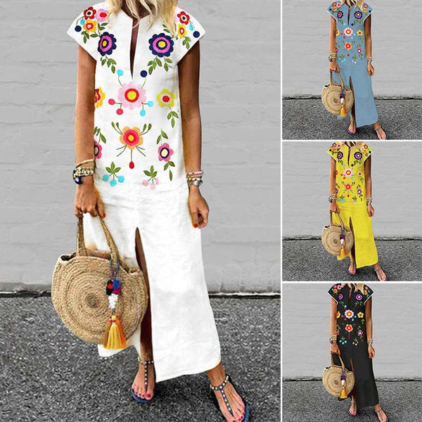 ZANZEA Summer Floral Printed Sundress Women's V Neck Short Sleeve Dress Female Beach Vestido Robe Femme Split Hem Dress Oversize