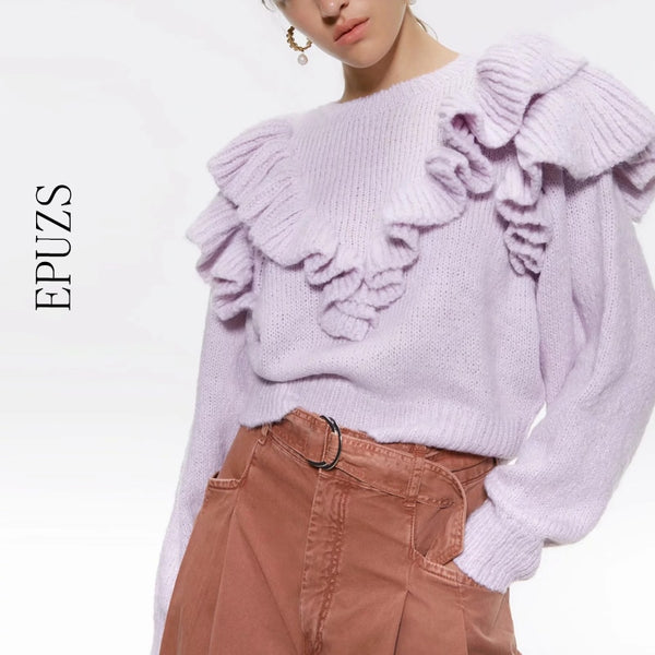 Vintage Ruffles Short Knitted Sweater Women 2019 winter women sweater O Neck Long Sleeve Pullovers Chic Tops sweet Puff Femme